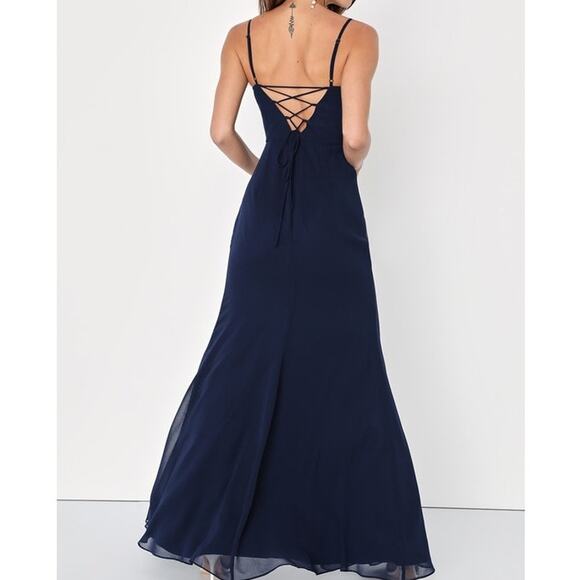 LULU'S SZ S Feeling Elegant Navy Blue Lace-Up Slit Bridesmaid Maxi Dress NEW B34 - Picture 2 of 10